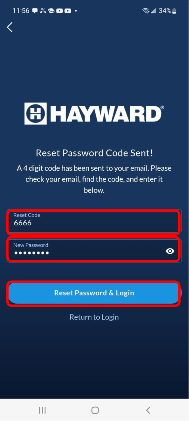 App Front end with Reset Code form to submit.