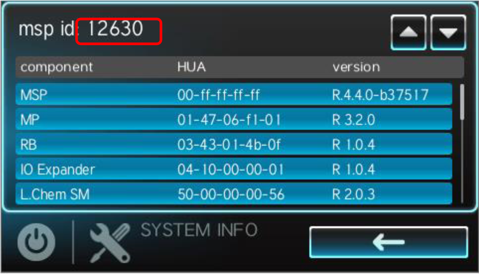Omni Screen showing the firmware versions